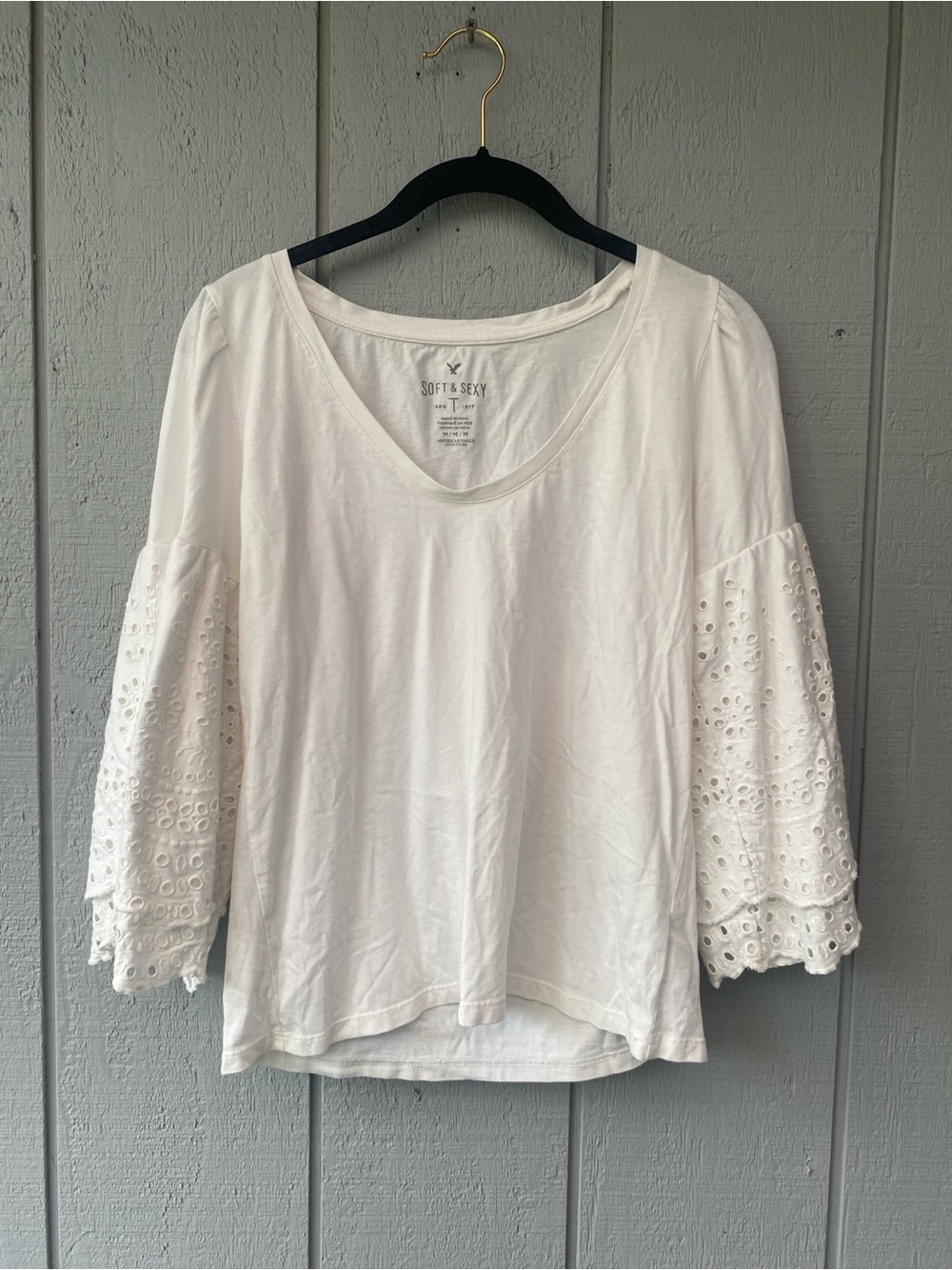 American Eagle Outfitters White Eyelet Bell Sleeve Top